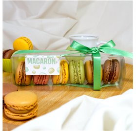 Caja acetato macarons 50x50x160mm con cinta y etiqueta personalizada