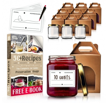 10 Pots en Verre 212ml + Boîtes + Étiquettes | E-BOOK GRATUIT : 50+ Recettes & Guide de Conservation