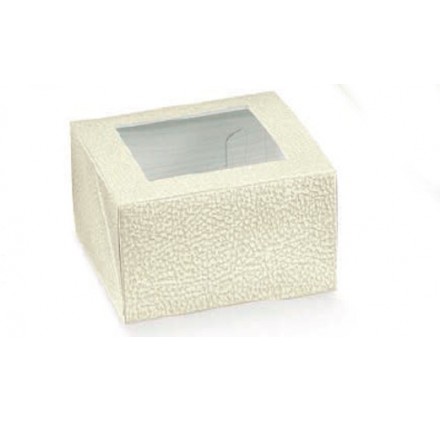 Caixa retangular pele branca com janela para bolos 100x100x60mm