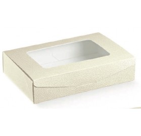 Caixa retangular pele branca com janela para bolos 240x160x50mm