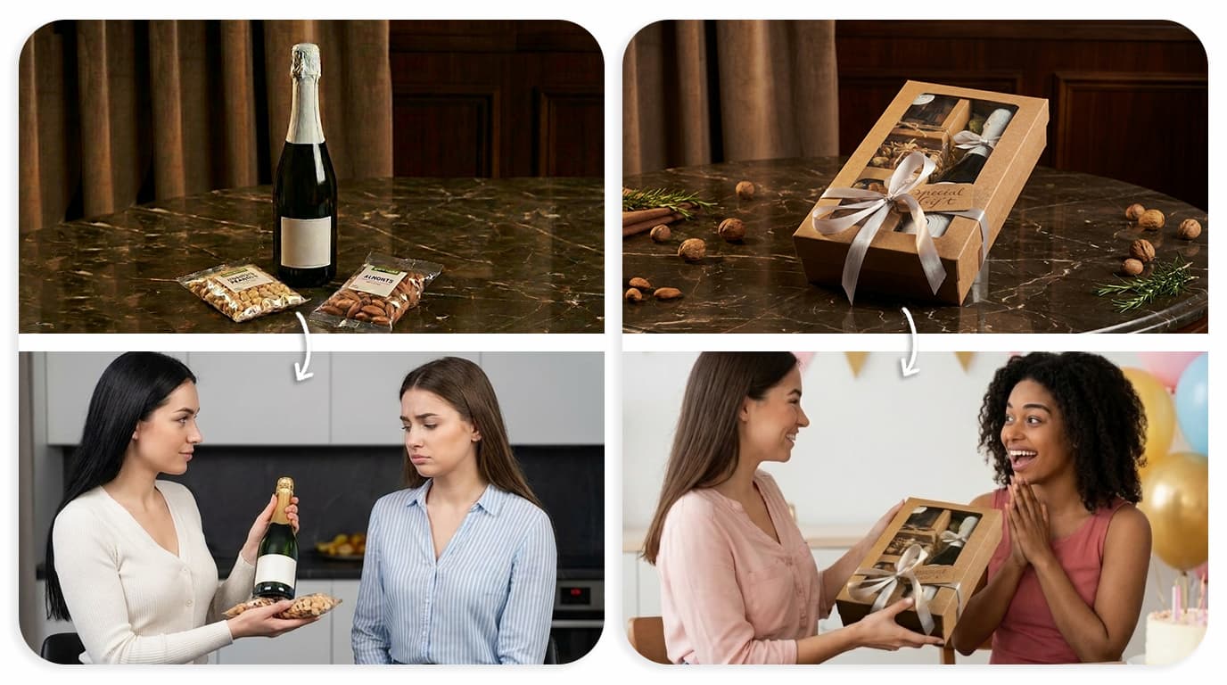 Comparação entre kit gourmet simples e o mesmo presente numa caixa premium com janela.