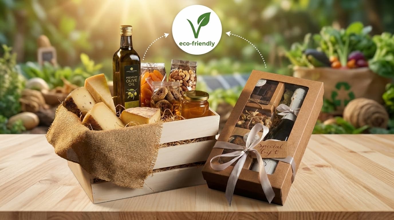 Caixa de madeira e caixa kraft com janela em ambiente natural, com selo eco-friendly.