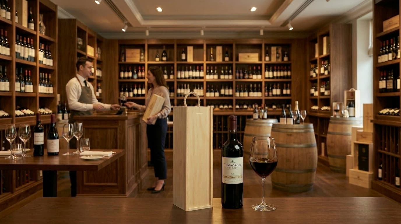 Caixa individual em madeira para garrafa de vinho num ambiente de garrafeira premium.