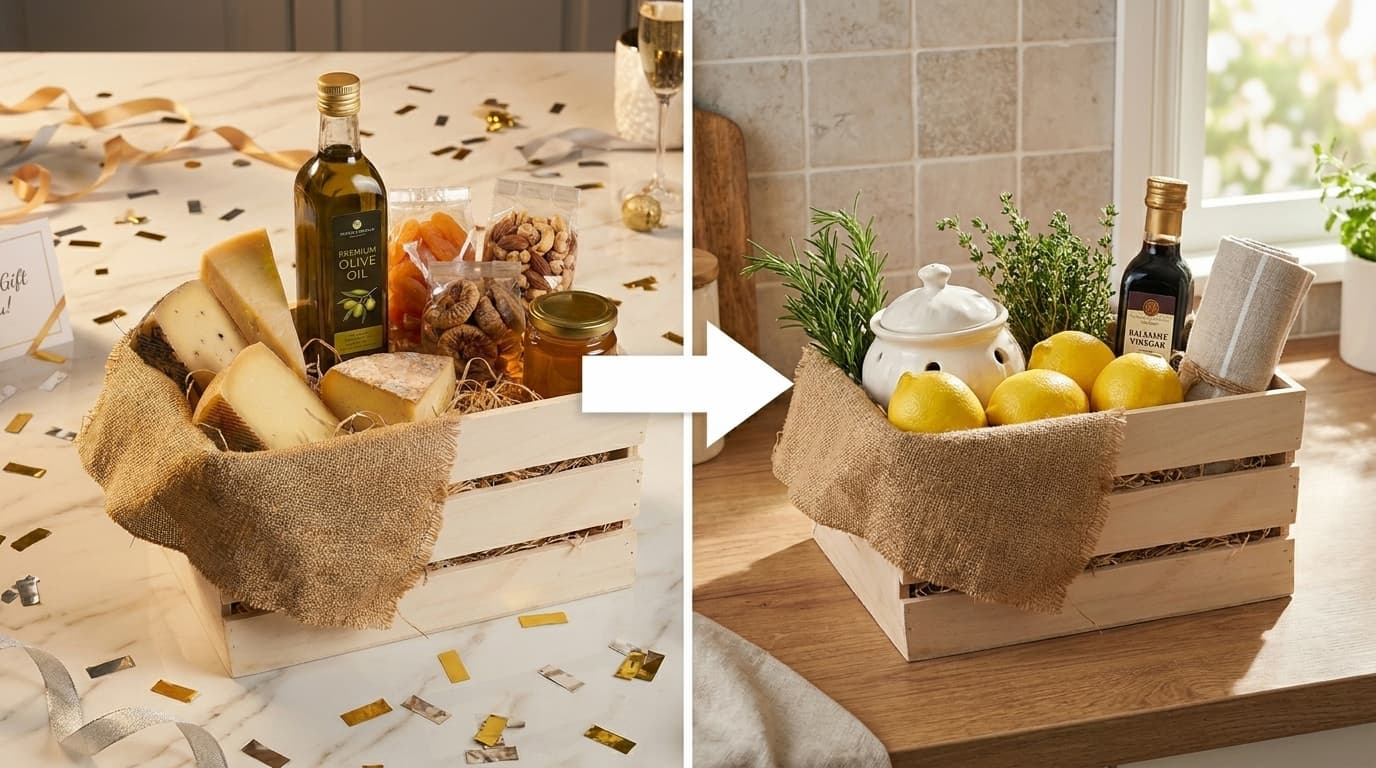 Antes e depois — caixa de madeira reaproveitada como elemento decorativo na cozinha.