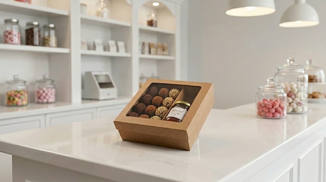 Caixa M com janela contendo trufas, bombons artesanais e frasco gourmet.