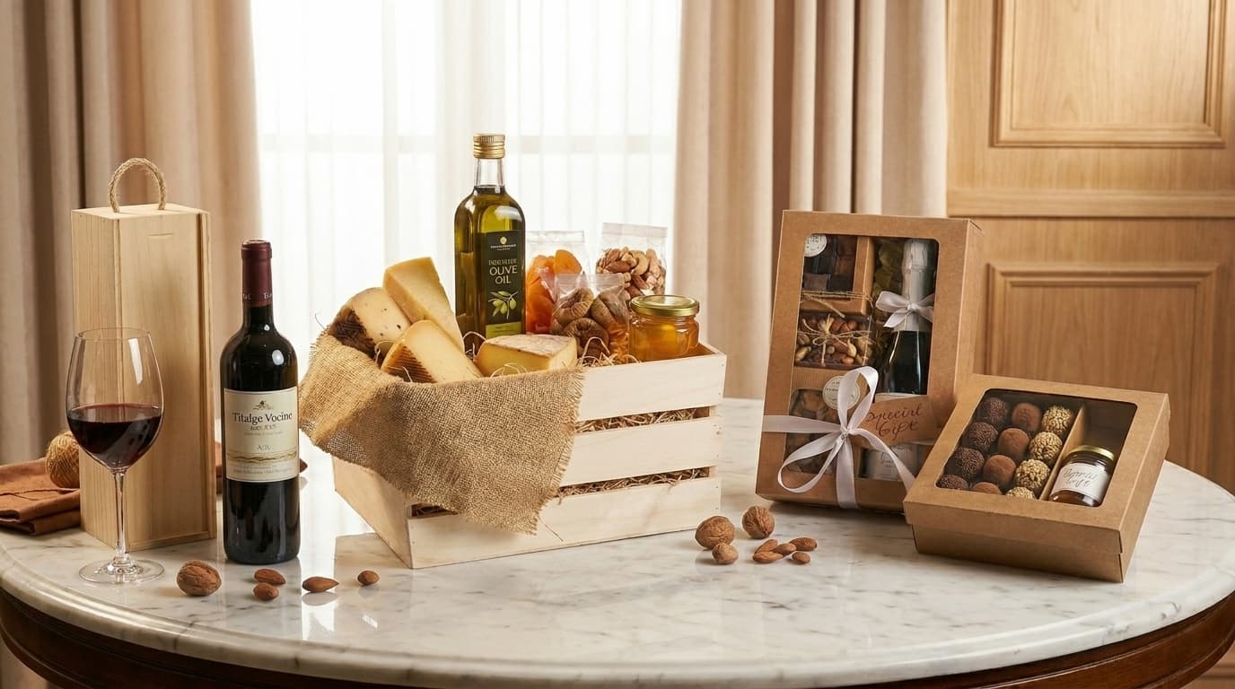 Coleção completa de embalagens de luxo para kits gourmet — madeira, cartão com janela e caixa para vinho.