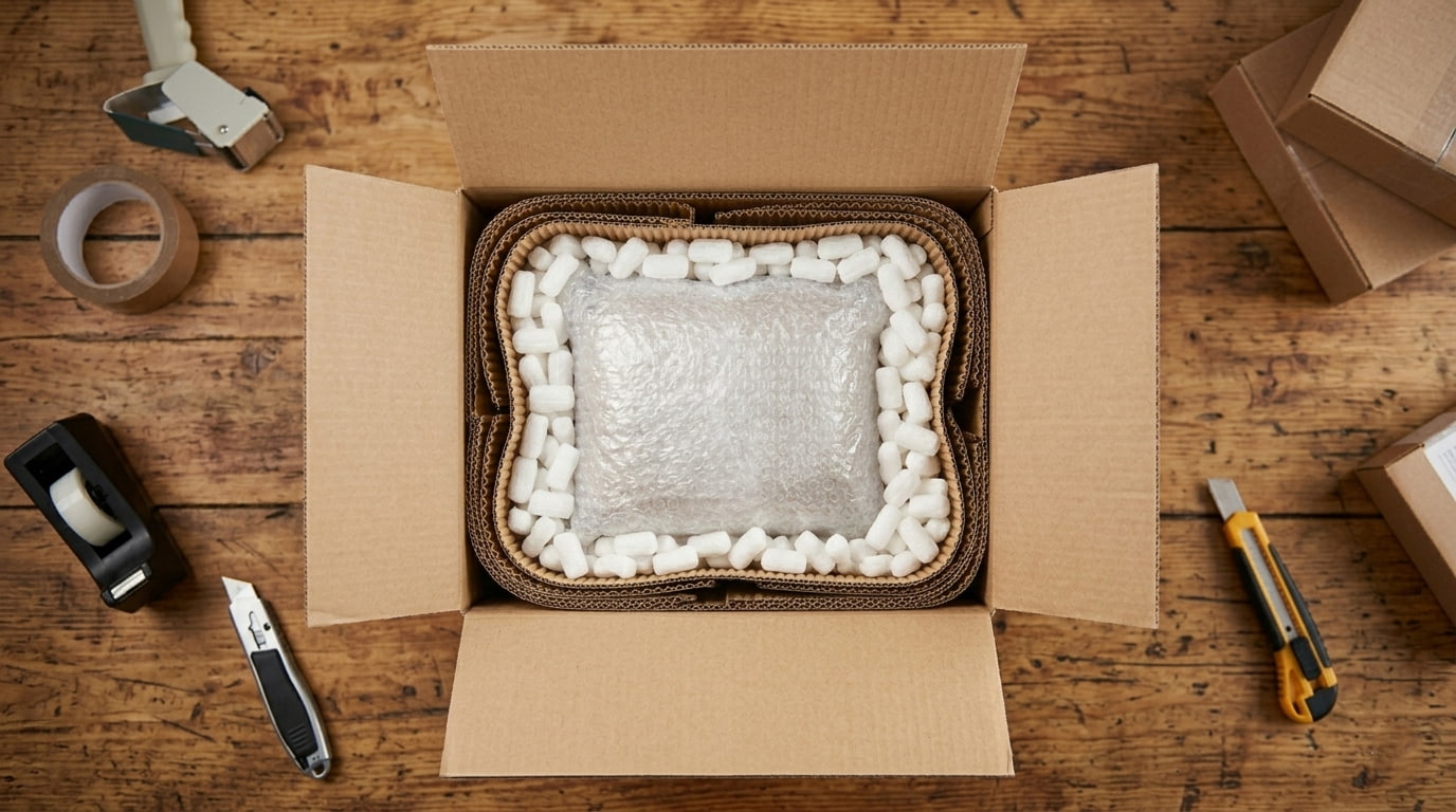 Interior de caixa modelo americano com plástico bolha, cartão canelado e pipoca de enchimento