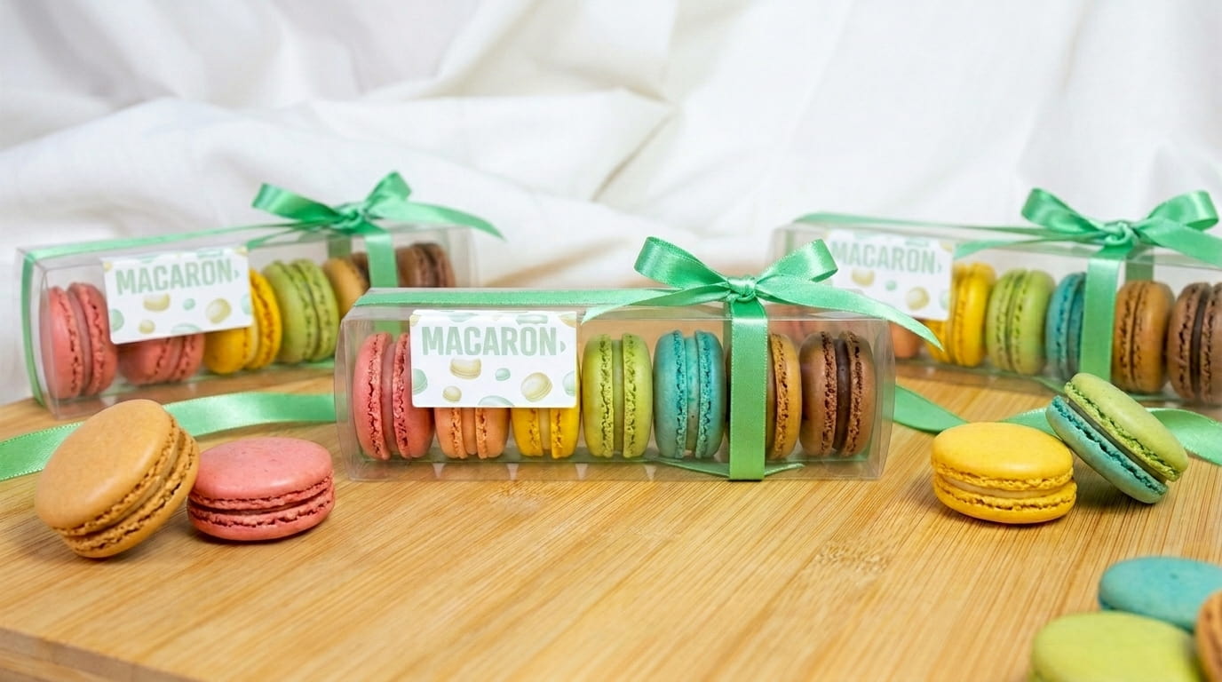 bunte Macarons ausgerichtet in einer Acetat-Box