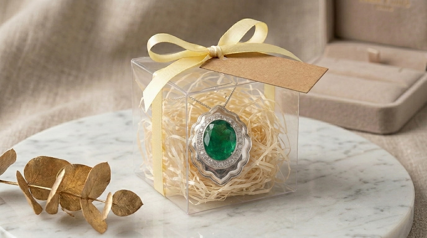 a necklace inside an acetate box with wood wool filling