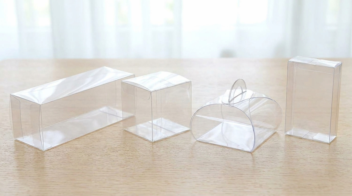 boîtes en acétate transparentes en différentes formes — cube, rectangulaire, sachet et haute