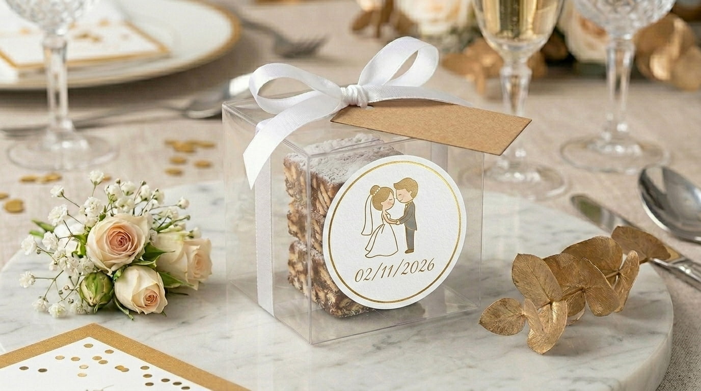 scatola in acetato chiusa con nastro in raso ed etichetta kraft personalizzata