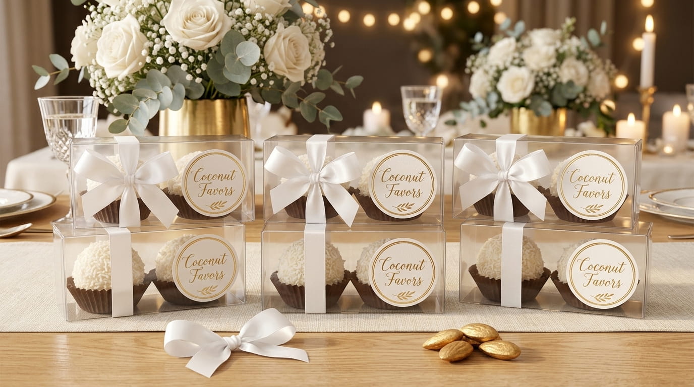 caixas de acetato com amêndoas, fita de cetim e etiqueta personalizada numa mesa de casamento