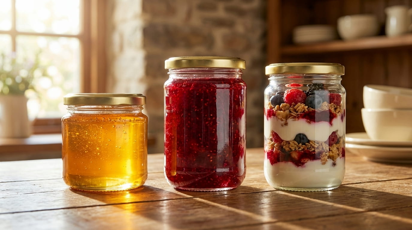bocaux en verre avec des confitures artisanales