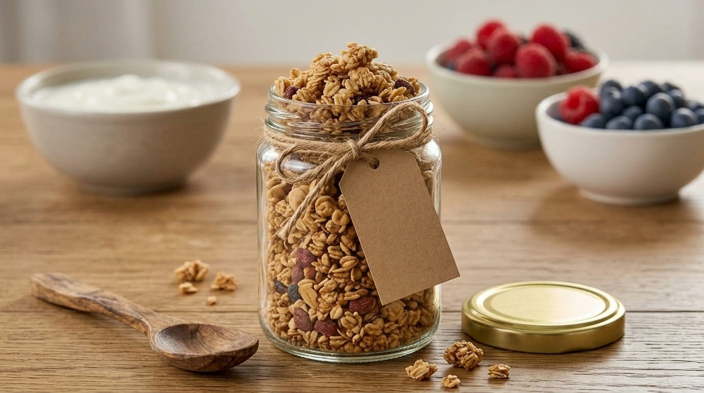 Hausgemachtes Granola in einem Europa-Glas 212ml, mit frischem Obst daneben, auf einem Brunch-Tisch.