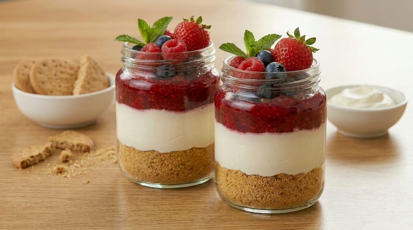 Individueller Cheesecake in einem Joghurt-Glas 250ml, mit roten Beeren.