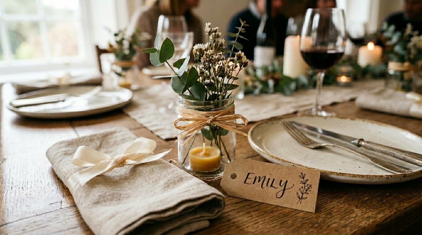Brunch-Tisch mit Raffia-Details, Satinbändern und Etiketten, die die Speisen kennzeichnen.