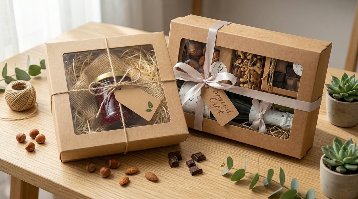 A brunch hamper with a jar of granola and jam in a Gourmet Box M with Window.