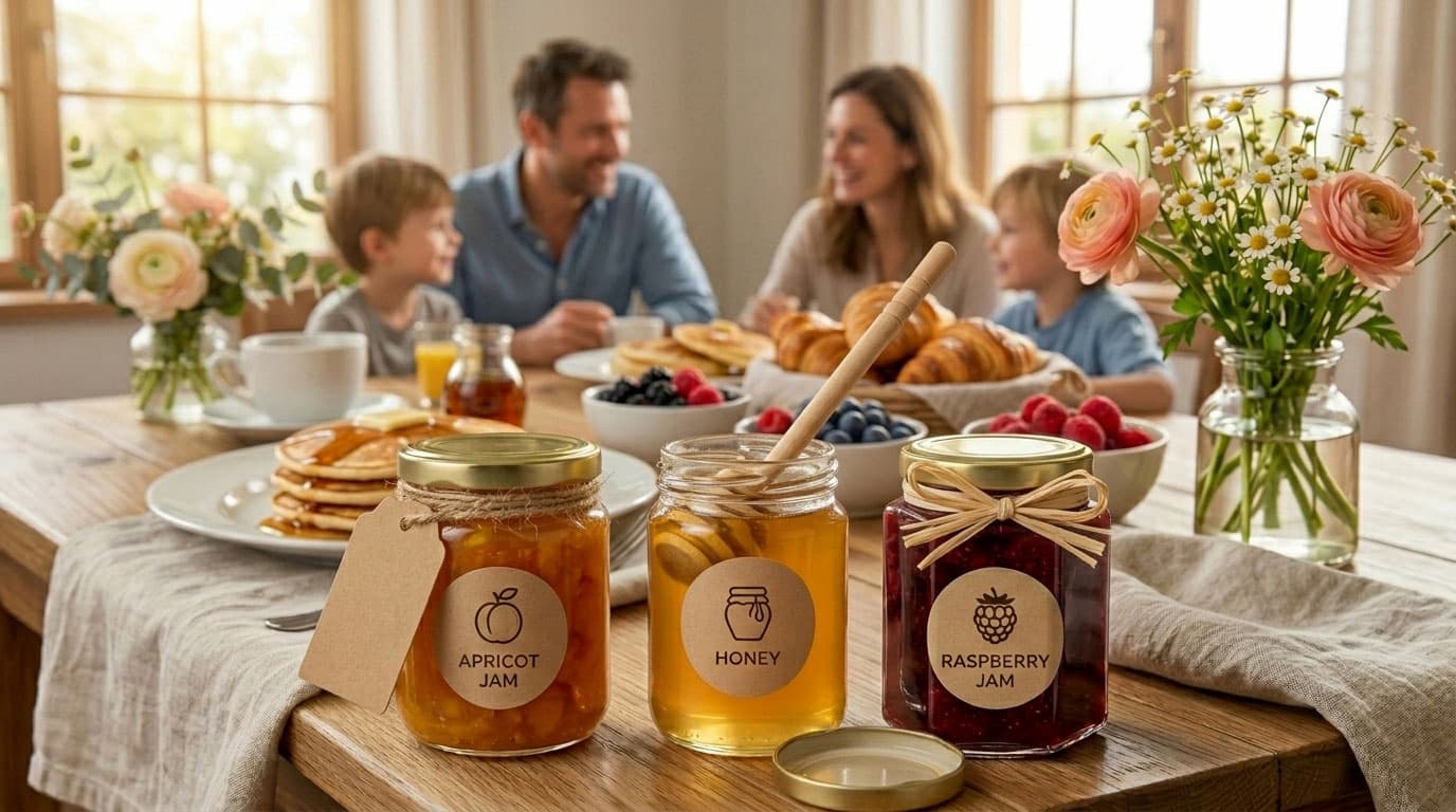 An overview of a well-presented brunch table, with glass jars, flowers and different heights.