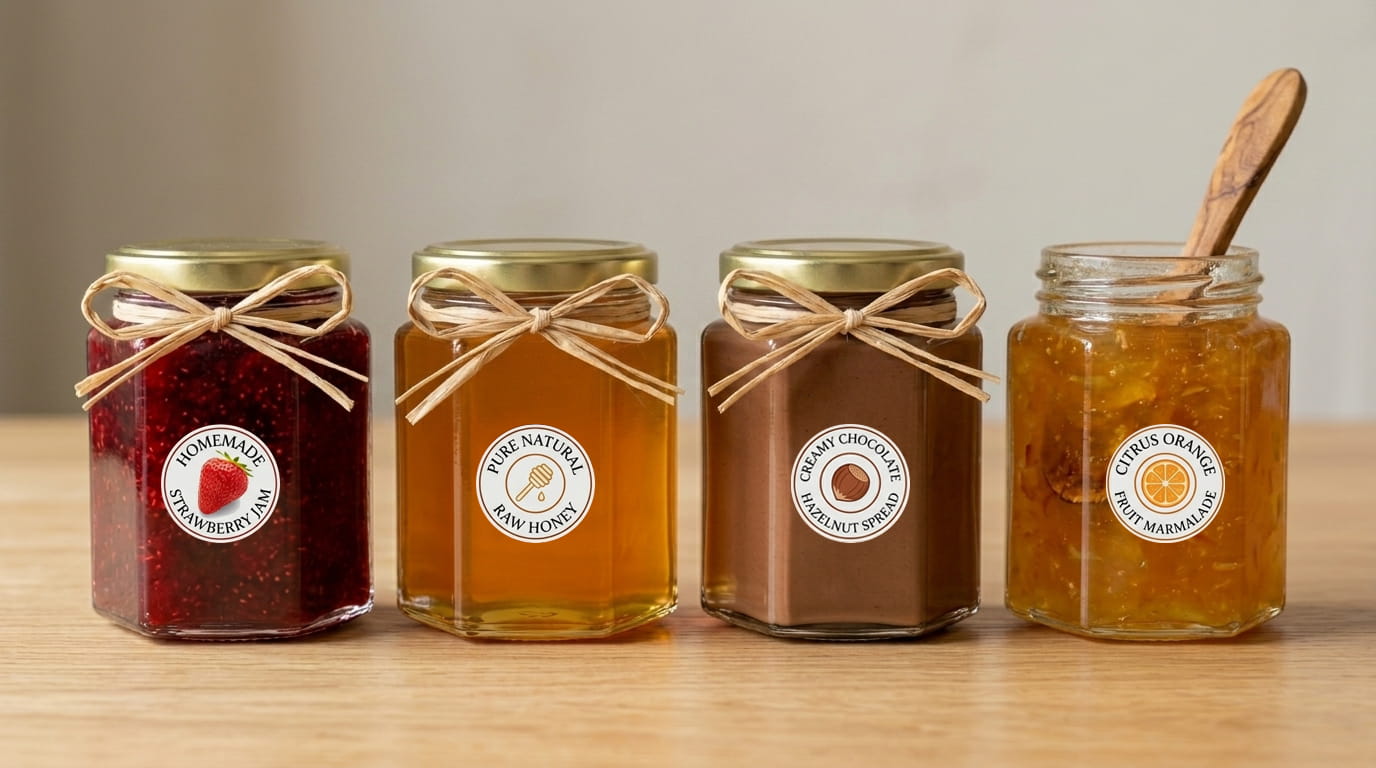 Estación de mermeladas, miel y frutos secos en Frasco Hexagonal 270ml, identificada con etiquetas.