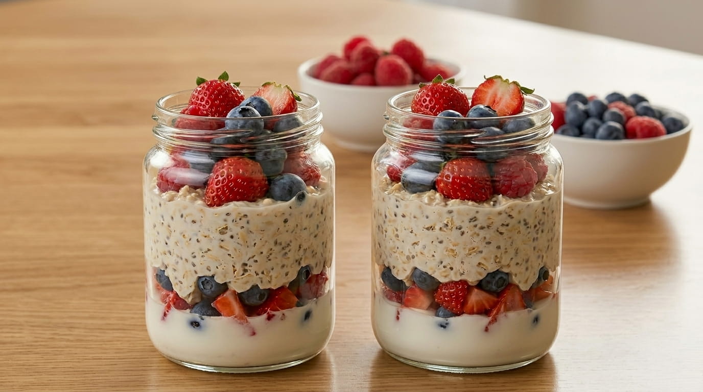 Sobremesa em camadas num Frasco de Vidro Iogurte 250ml, decorada com fruta fresca.