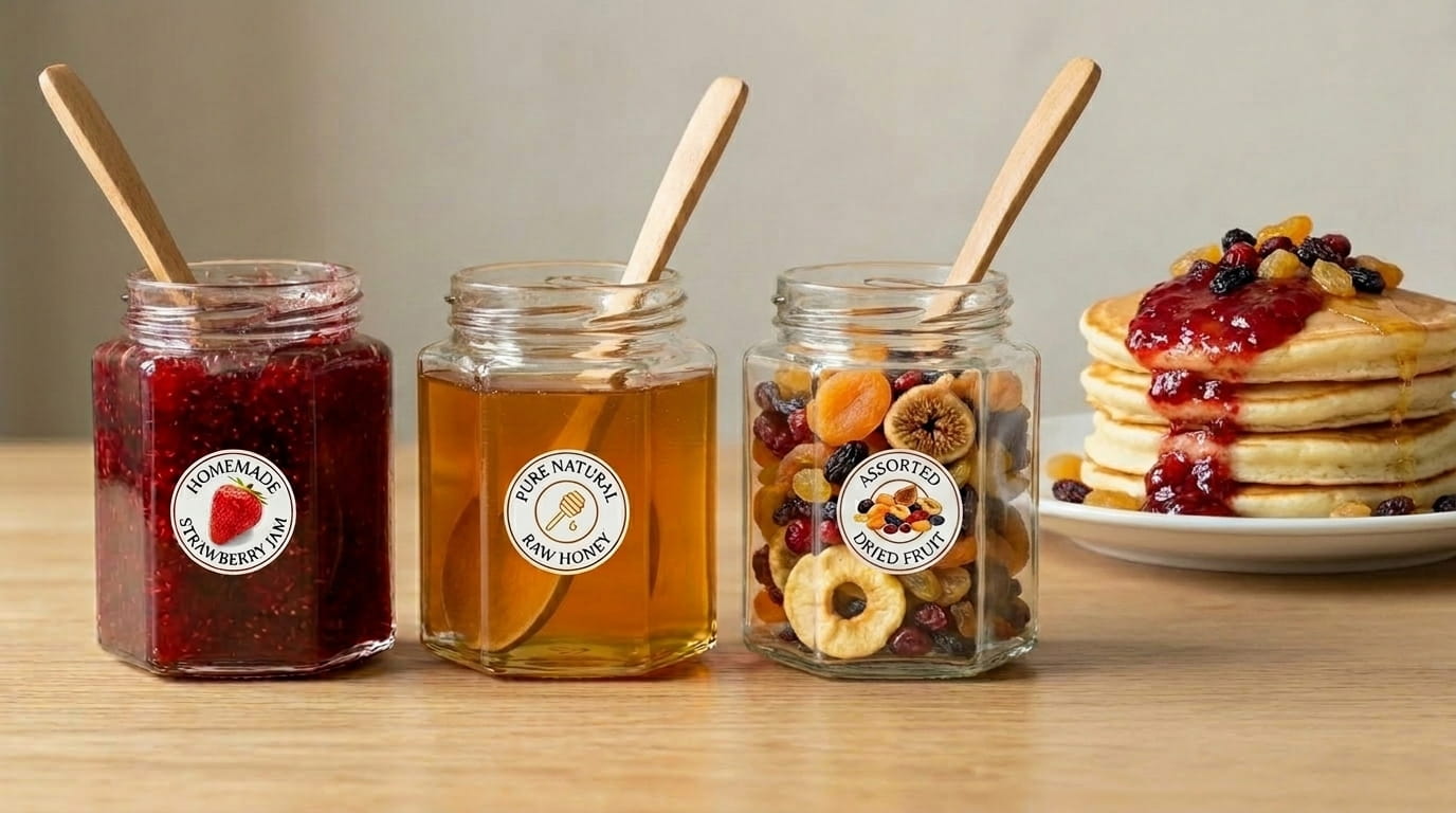 Frascos de vidro Hexagonal 270ml a servir de estação de toppings numa mesa de brunch.