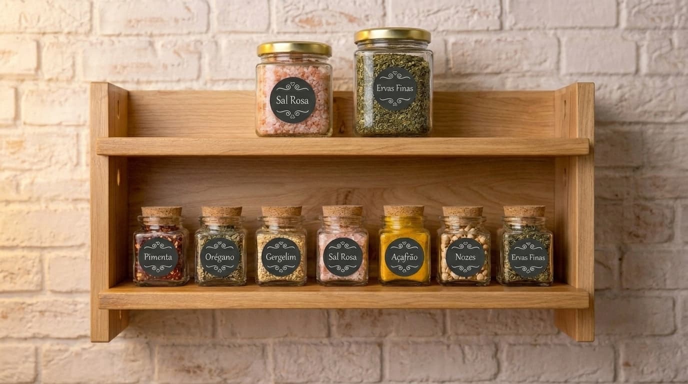 Organised kitchen with Quadradito and Pixel glass jars for spices, labelled and aligned.