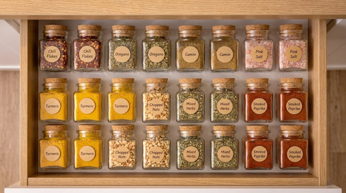 Tiroir organisé avec des rangées de bocaux en verre Quadradito 40ml identifiés par des étiquettes.
