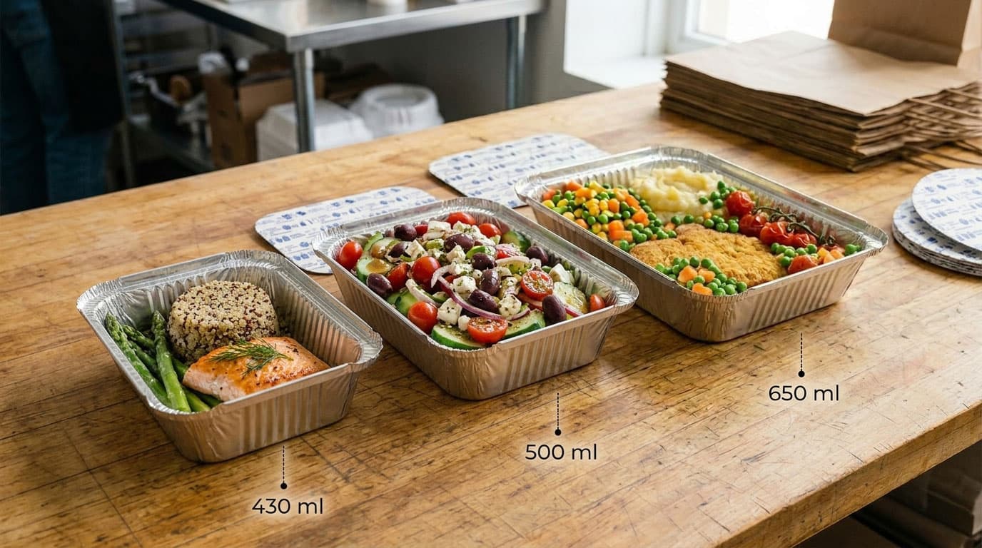 Pasti individuali serviti in vaschette in alluminio da 430ml, 500ml e 650ml, per piatti leggeri e pasti veloci con una presentazione curata.