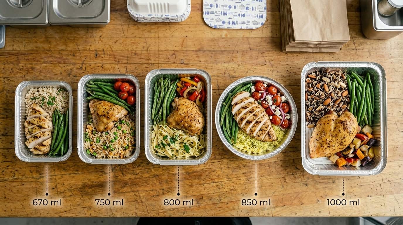 Piatti completi sistemati in vaschette in alluminio di media capacità, con proteine, riso, pasta e contorni ben organizzati.
