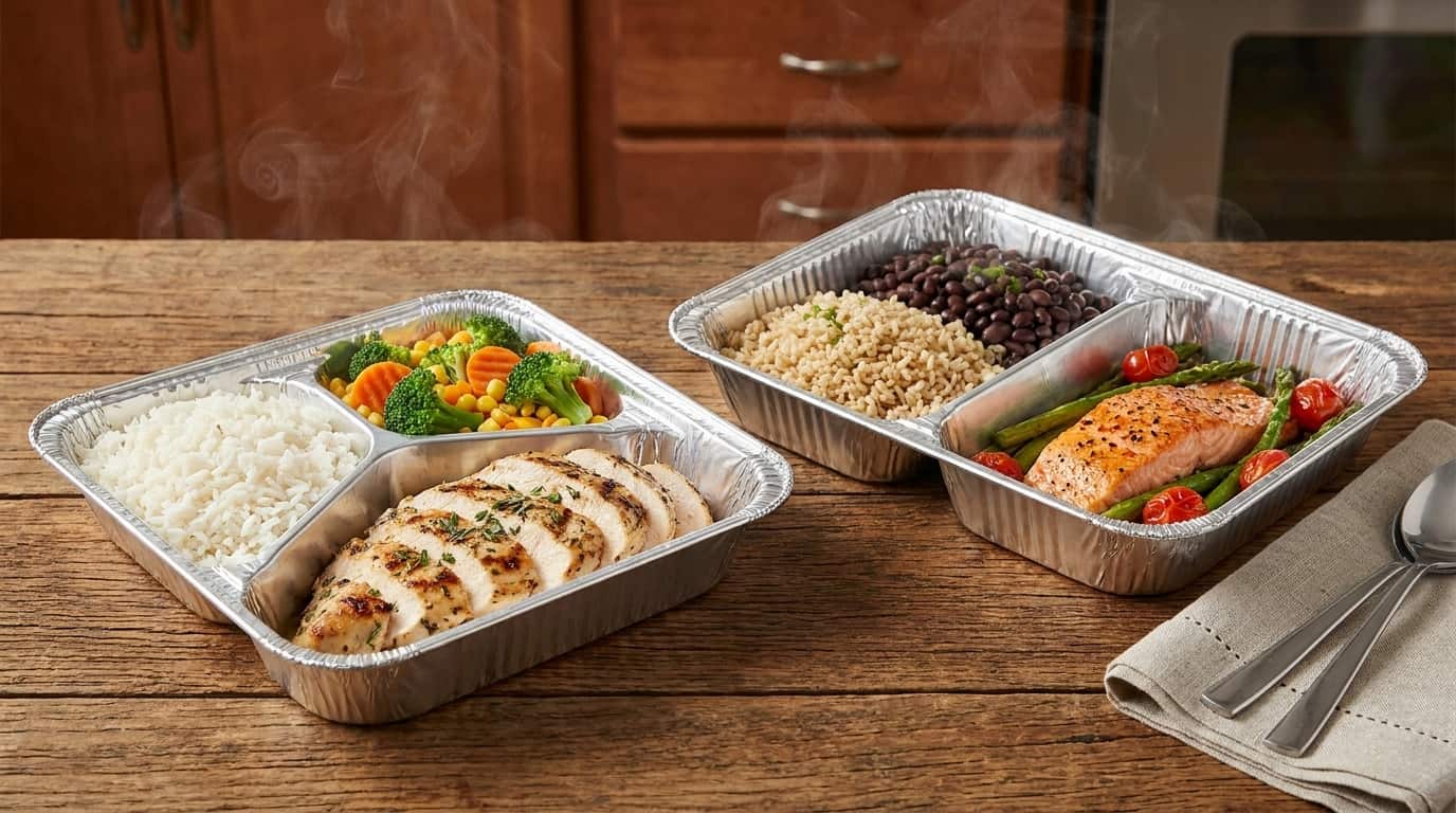 Refeição organizada numa forma de alumínio com divisórias, mantendo arroz, proteína e legumes separados.