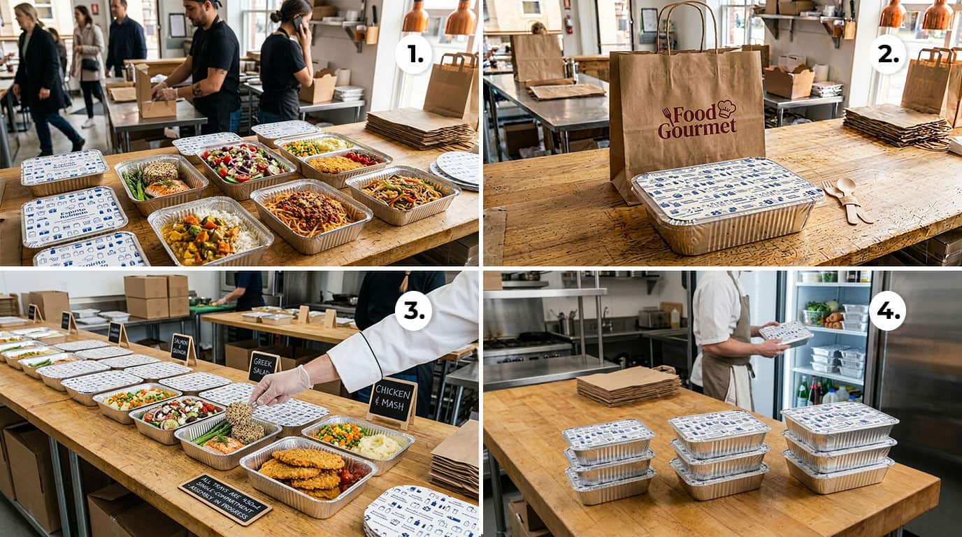 Sequência do fluxo de take away: preparação das refeições, colocação no saco, etiquetagem do pedido e armazenamento refrigerado antes da entrega.