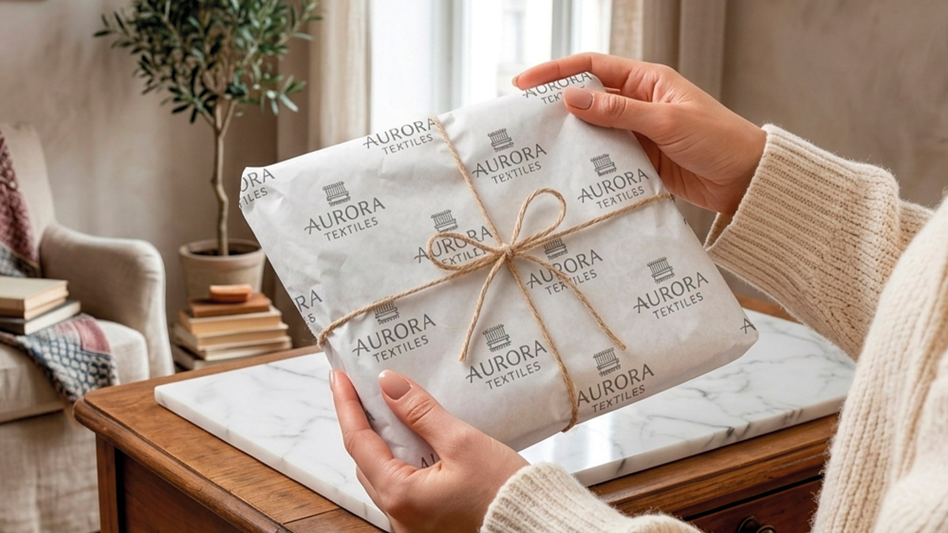 In personalisiertes Seidenpapier mit Markenlogo eingewickeltes Paket, mit Kordel gebunden
