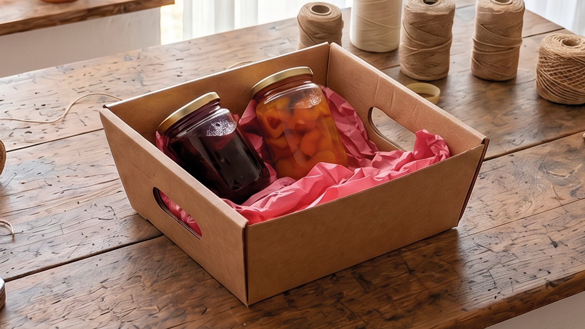 Panier cadeau en carton kraft avec des pots de confiture et un garnissage en papier de soie rose