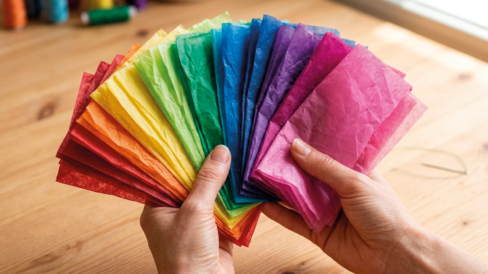 Fogli di carta velina di vari colori disposti a ventaglio, dal rosso al viola
