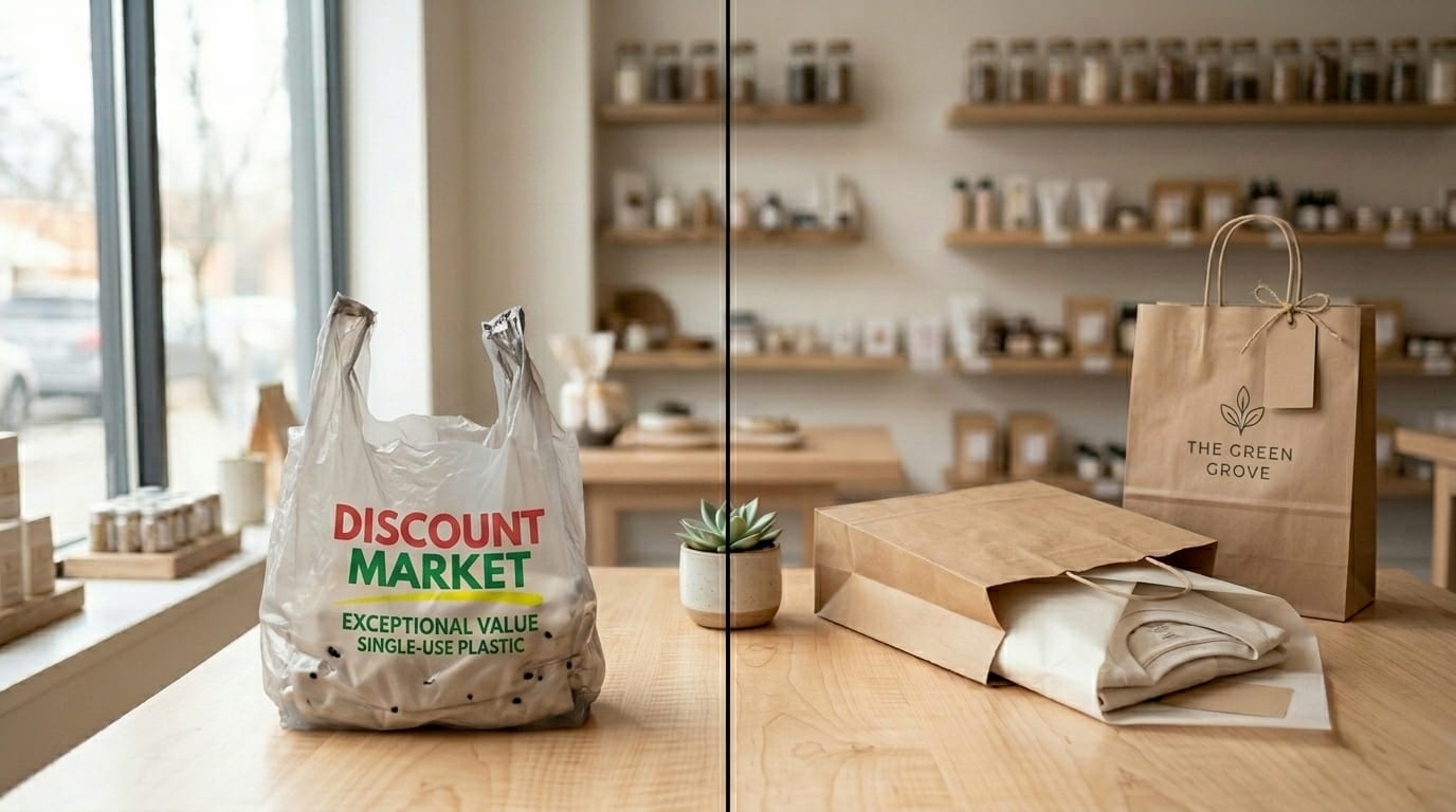 Vergleich zwischen Plastiktüte und nachhaltiger Kraftpapiertüte