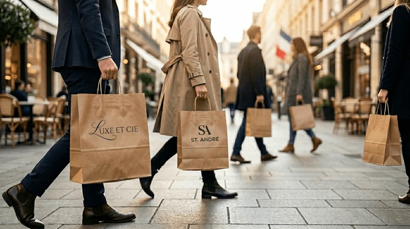 Kunden, die mit Kraftpapiertüten durch eine Einkaufsstraße gehen