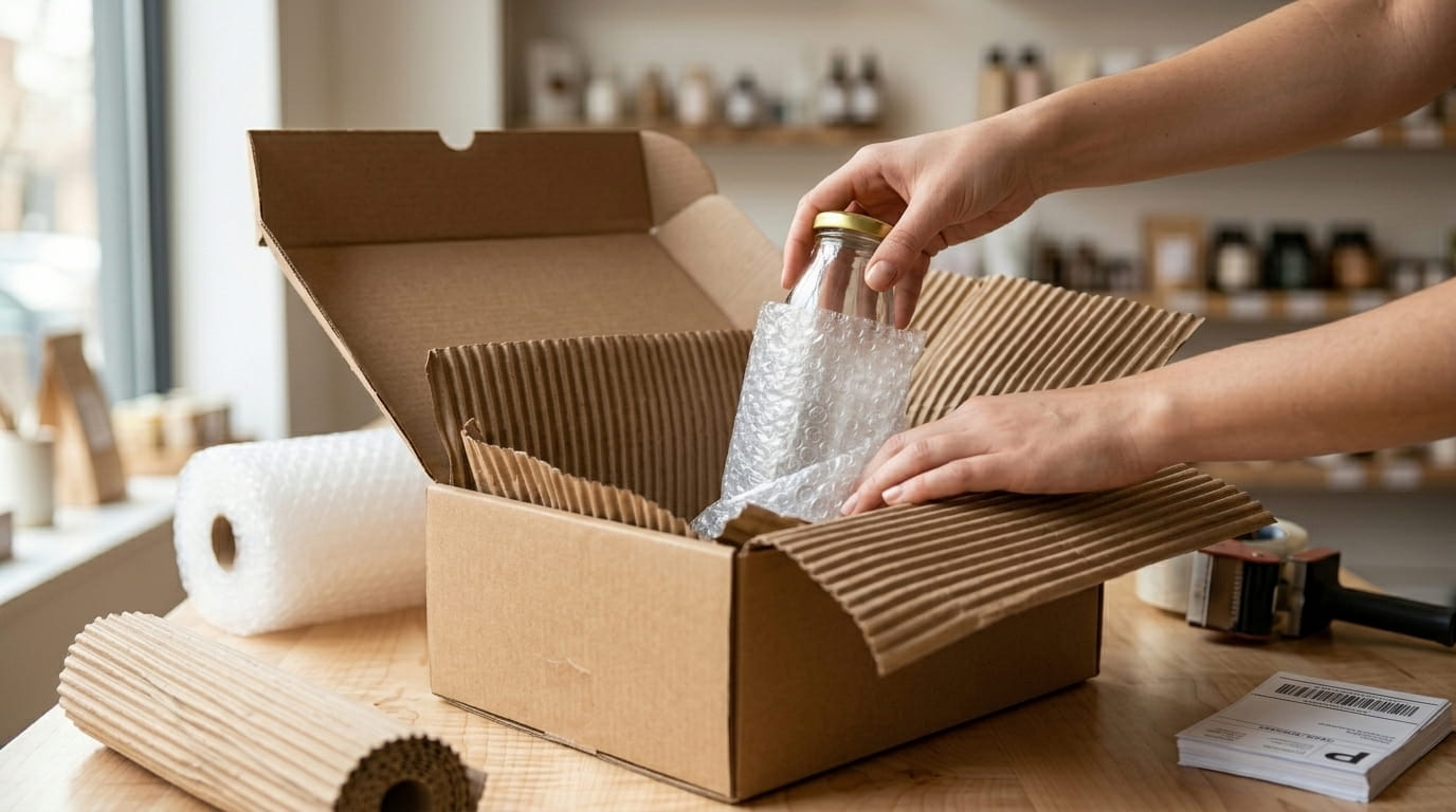 Préparation d'une commande avec un produit protégé dans une boîte en carton