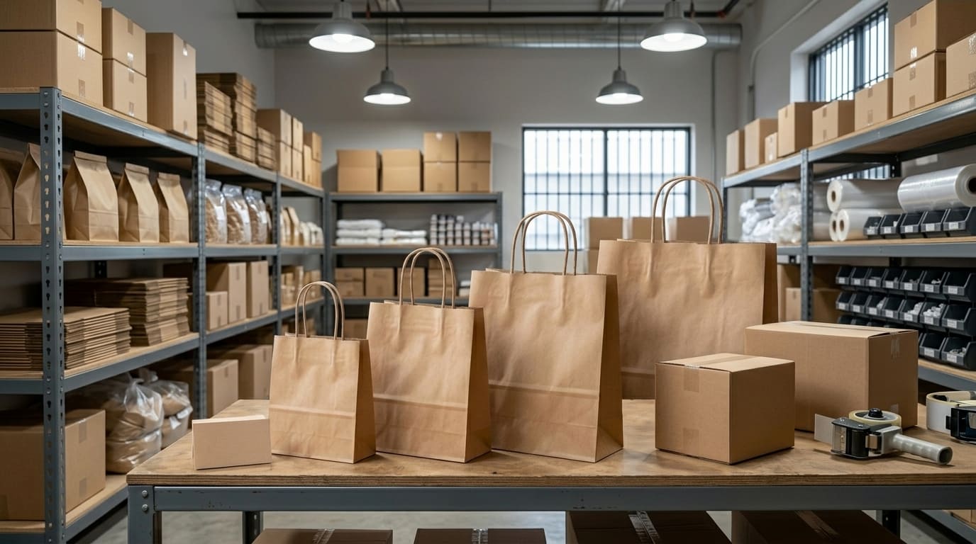 Sacos de papel e caixas de cartão em stock no armazém para os saldos