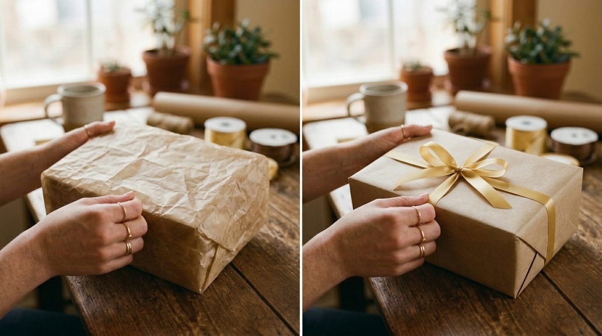 Antes y después: regalo envuelto en papel kraft arrugado y el mismo regalo con un acabado liso y cuidado