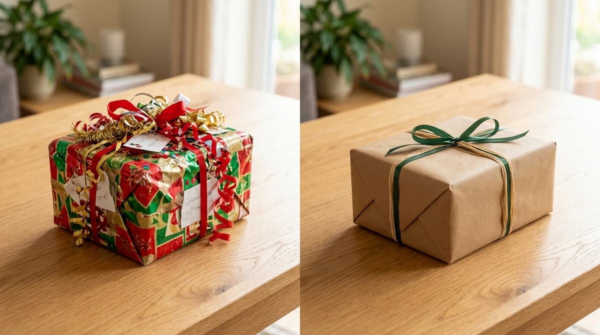 Comparaison entre un cadeau avec un excès de décoration et un emballage minimaliste en papier kraft avec ruban