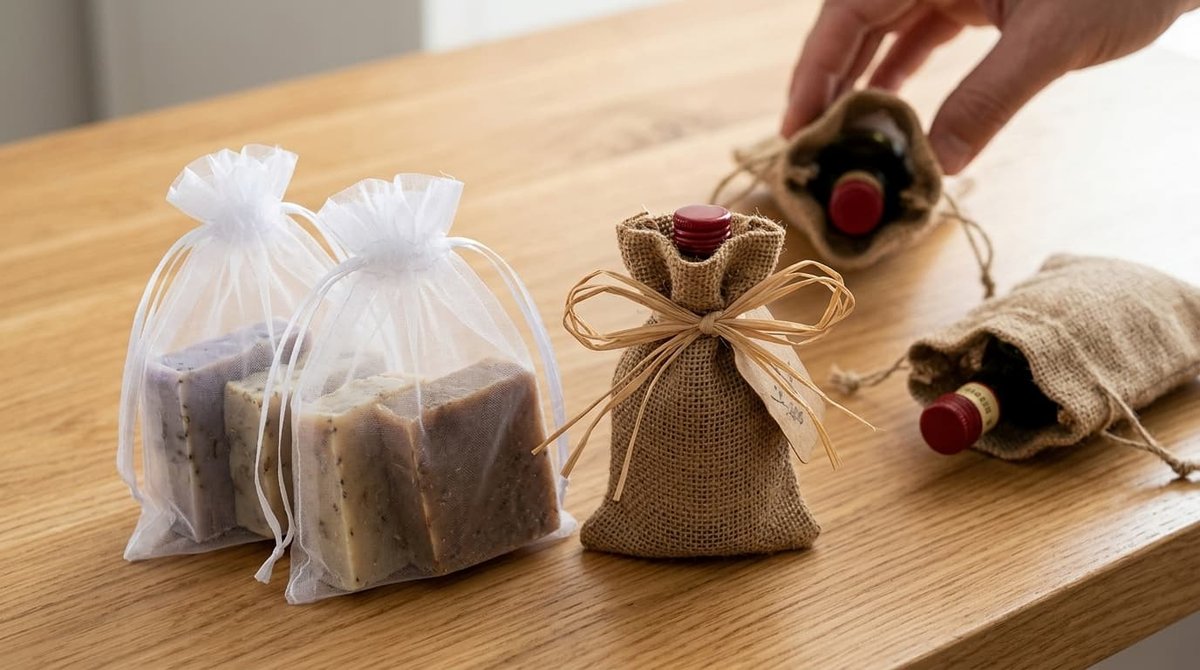 Sabonetes artesanais em sacos de organza e garrafas de vinho em sacos de juta decorados com ráfia