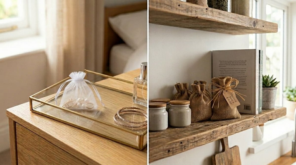Saco de organza reutilizado para guardar bijuteria e sacos de juta usados como organização e decoração numa prateleira