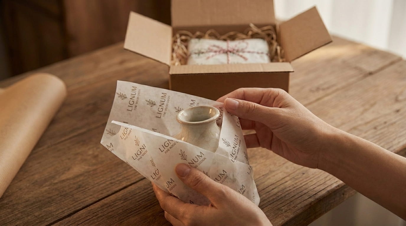 Hands unwrapping a delicate product in custom tissue paper with the brand logo