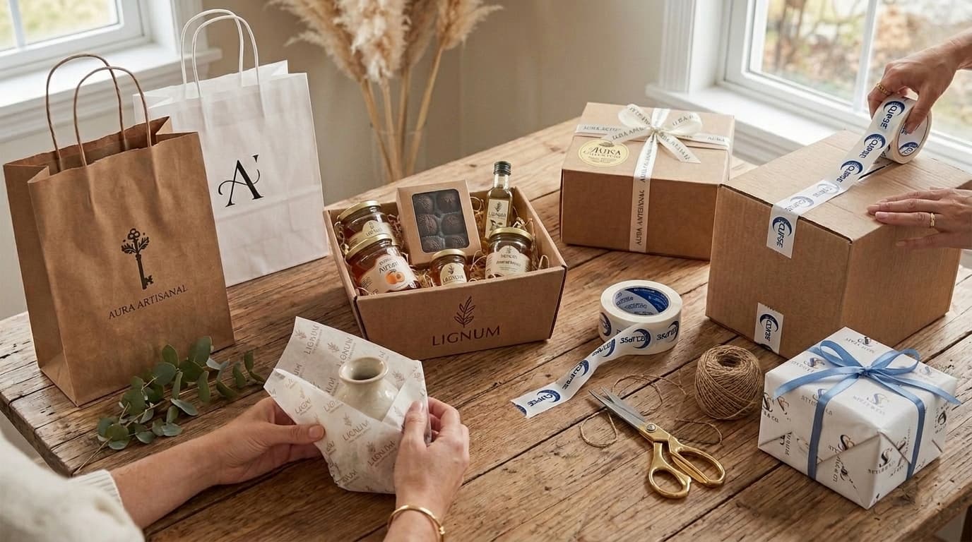 A set of custom packaging with the same logo: paper bags, gourmet box, tissue paper, printed adhesive tape and boxes with tape