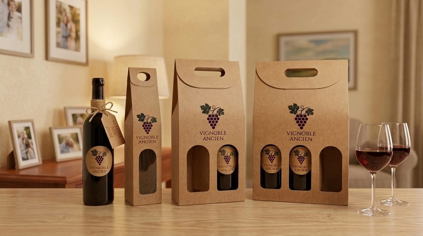 Cajas de cartón para botellas personalizadas con el logotipo de la marca, para una, dos o tres botellas, junto a una botella de vino