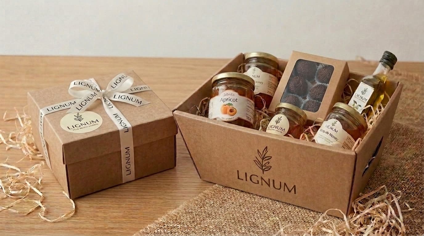 Boîte en carton gourmet personnalisée au logo de la marque, contenant des confitures, de l'huile d'olive et des chocolats