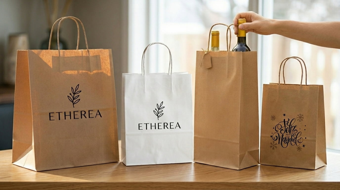Quatro sacos de papel personalizados com o logótipo de uma marca: asa retorcida, para garrafa, take away e edição de Natal