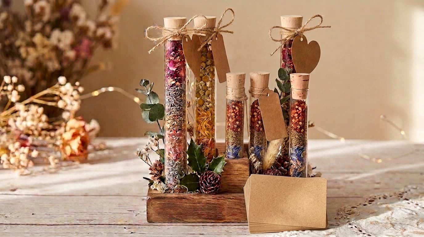 12x120mm test tube with seeds and a label reading “Take home a piece of this day”, among wedding favours with lavender and dried petals