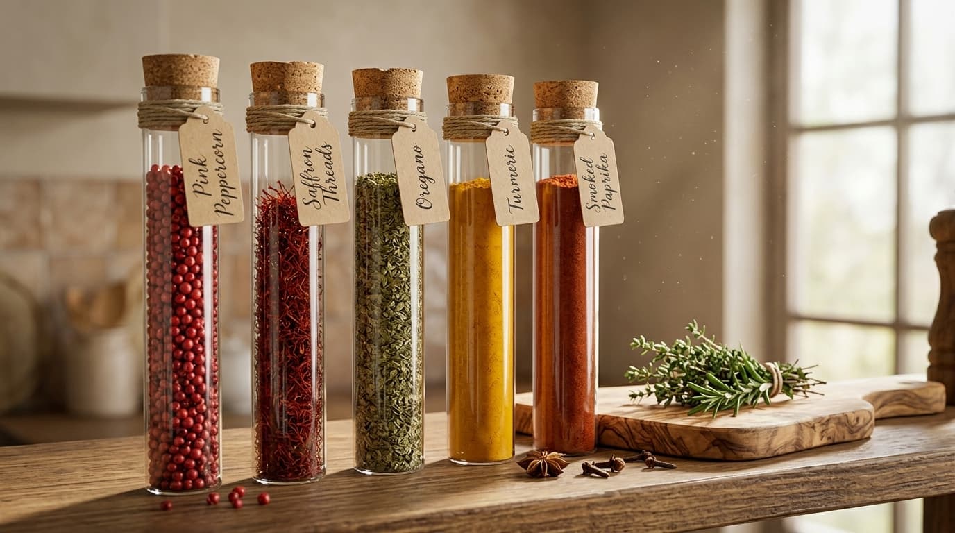 Tarro de especias 100ml con tapón de corcho y varios tubos de ensayo de vidrio con pimienta rosa, azafrán y orégano en una estantería de cocina