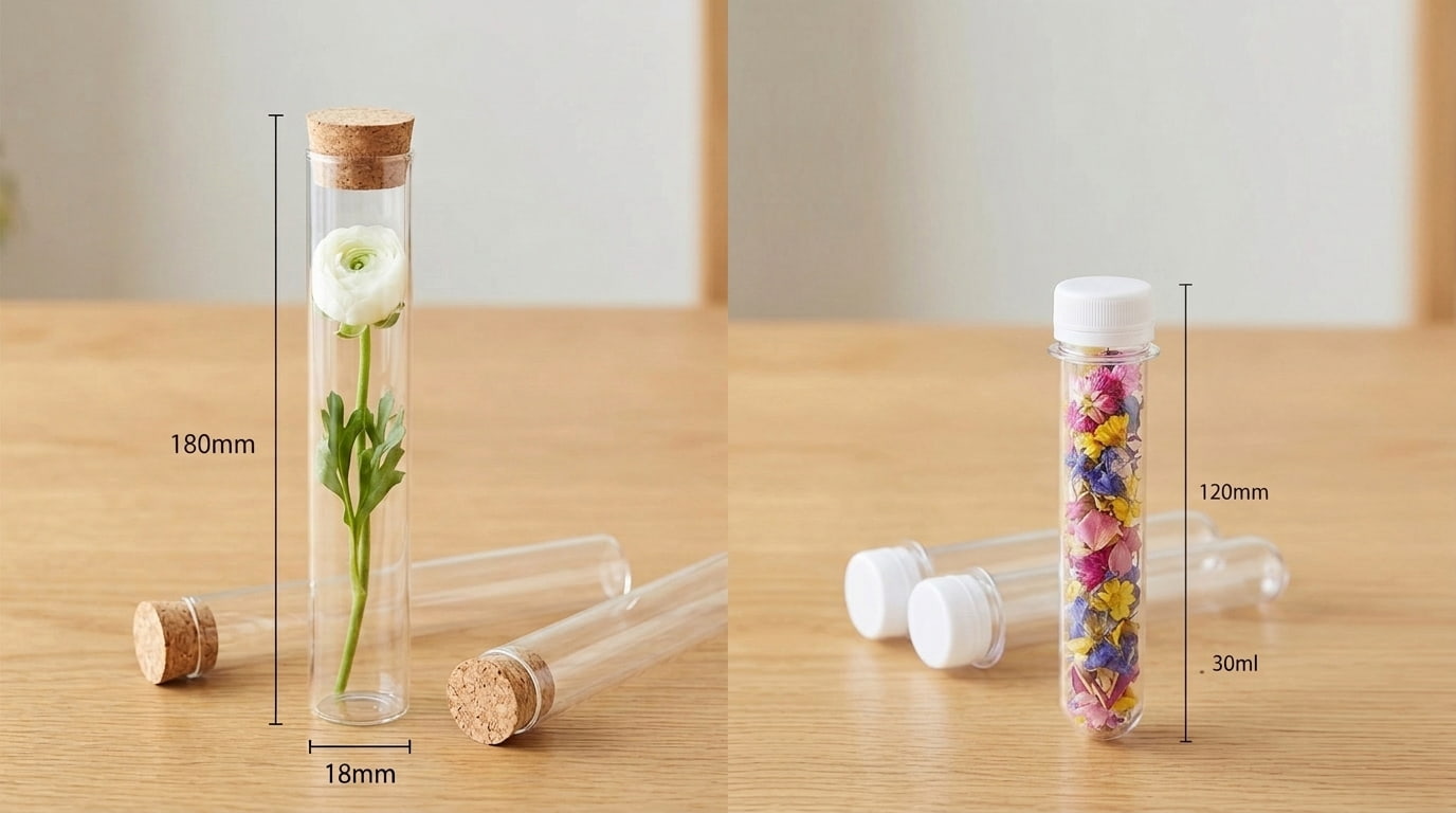 Confronto affiancato di una provetta 18x180mm in vetro con fiori secchi e una provetta PET 30ml con sali da bagno colorati